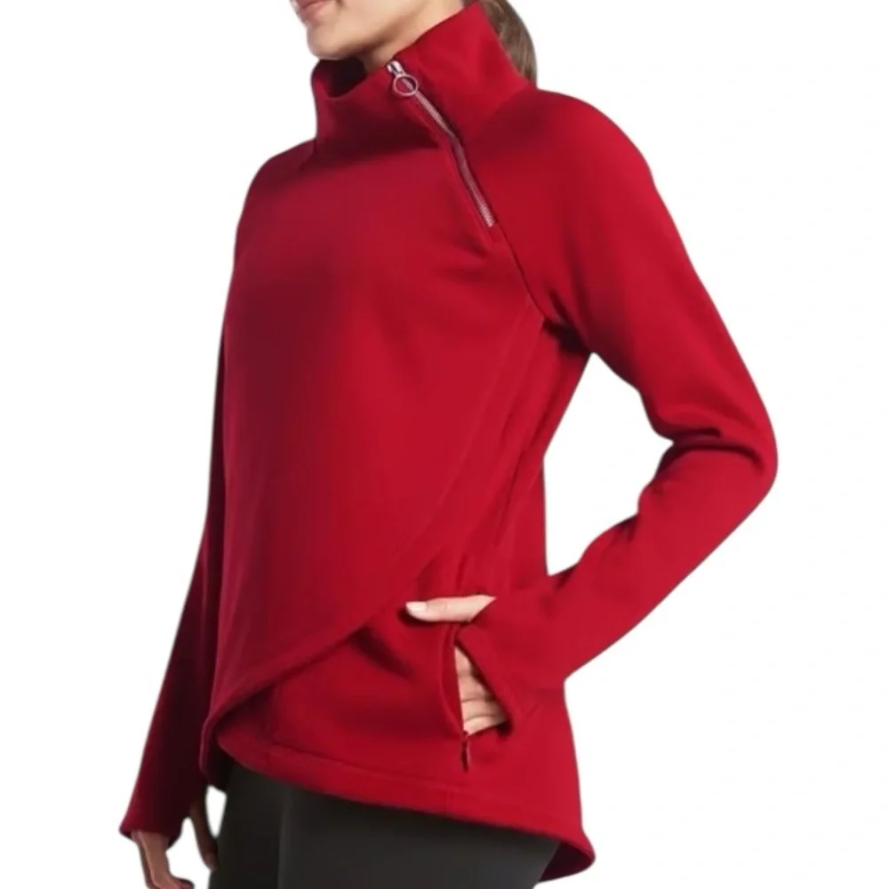 Athleta Coza Karma Asymmetrical Zippered Neck Pullover Sweatshirt Merlot Sz S - Picture 2 of 14